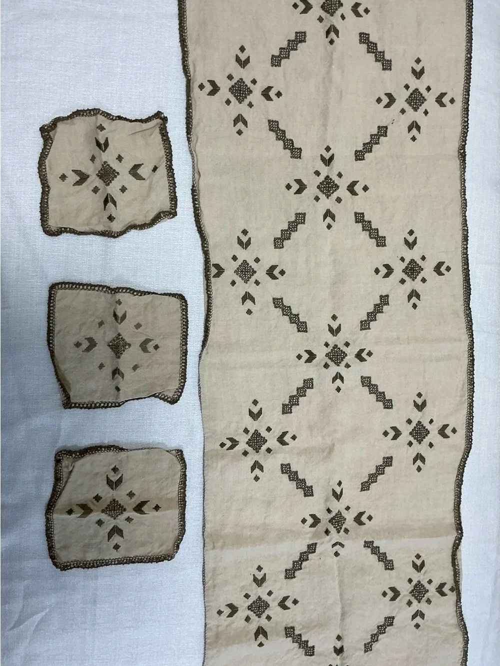 VTG Hand Woven Linen Runner Coasters Set Hardanger Ukrainian Folk Art Embroidery